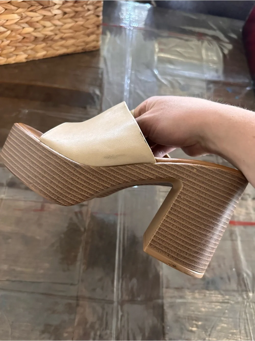 Neutral Beige Slide Platform Mules with Block Heel - Women